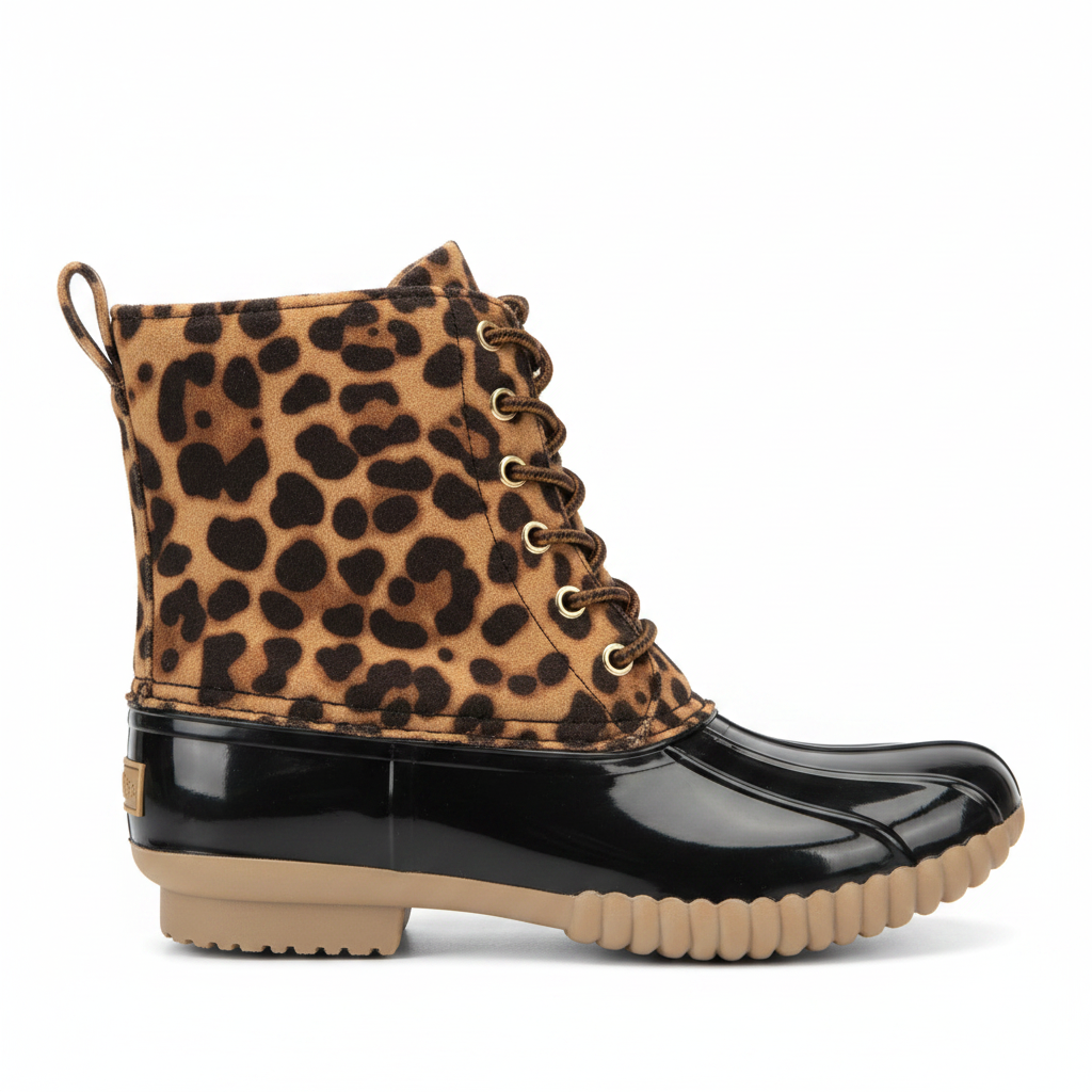 Women's leopard print duck boot side profile view, black glossy rubber shell, brown lace-up, cream lug sole - Yoki