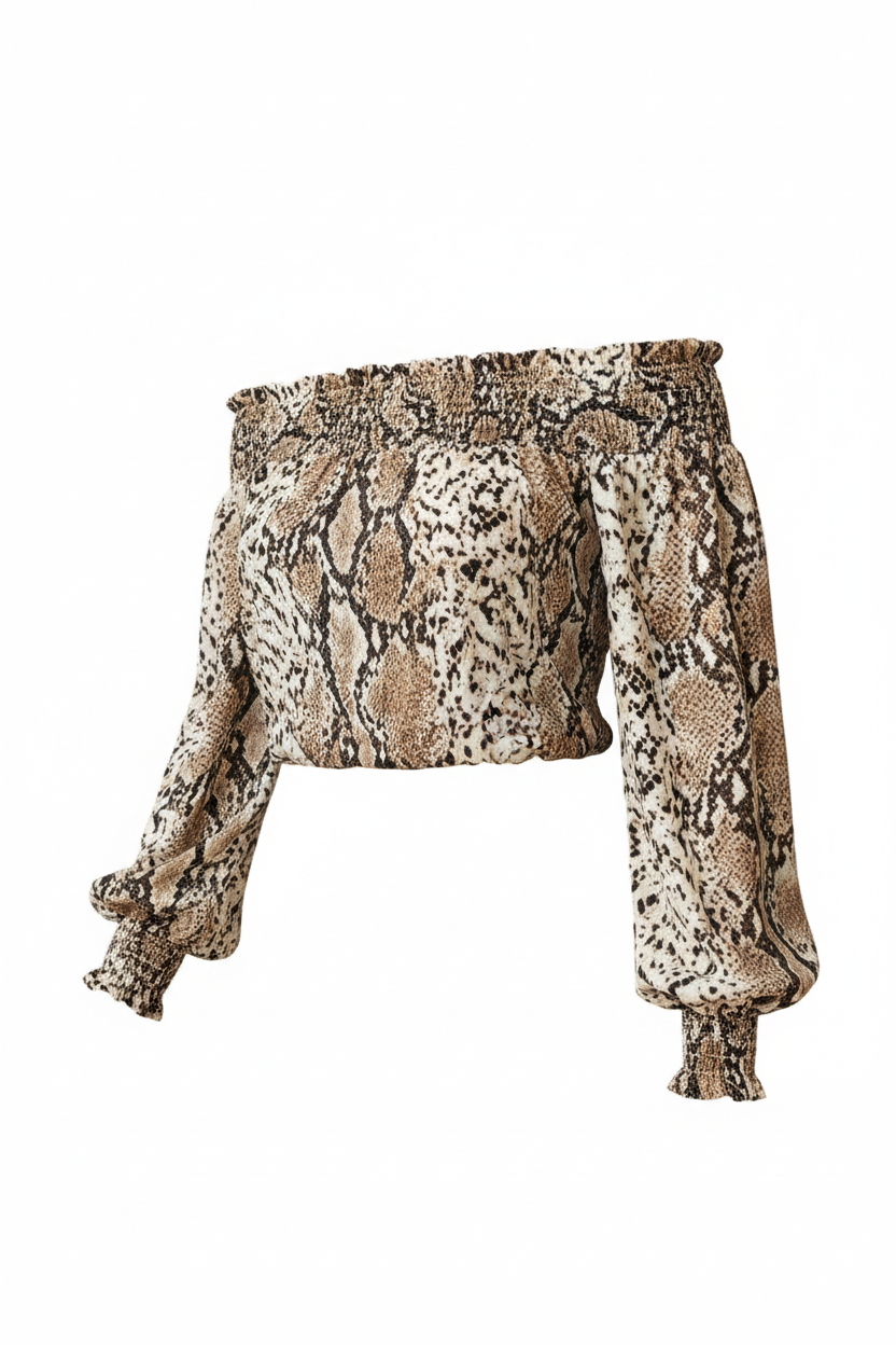 Snake print off-shoulder smocked top three-quarter angle view showing smocking detail