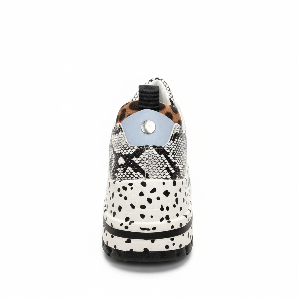 Mixed animal print platform sneaker, back heel view showing black pull tab, leopard collar lining, and speckled sole, white background