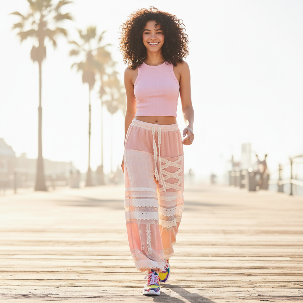 Women's pink eyelet patchwork jogger pants in motion, lightweight gauze fabric, casual street style