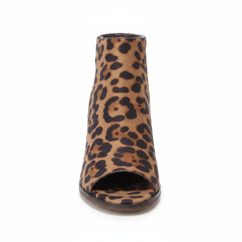 Forever Link Winster-2 leopard peep-toe cutout bootie, straight front view showing open toe, white background