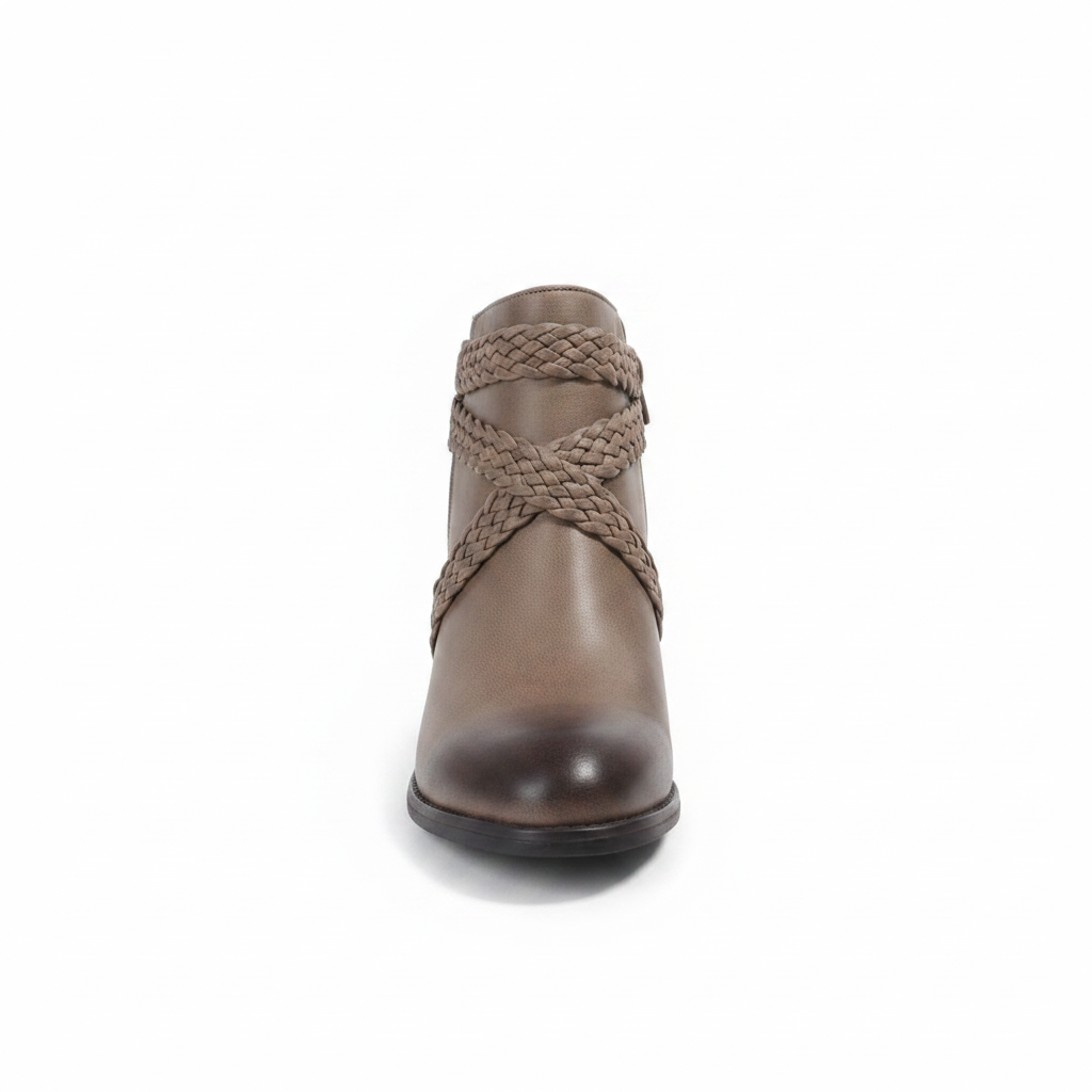 BellanBlue Lazzaro-2 taupe ankle bootie straight front view, rounded toe and braided cross-wrap straps