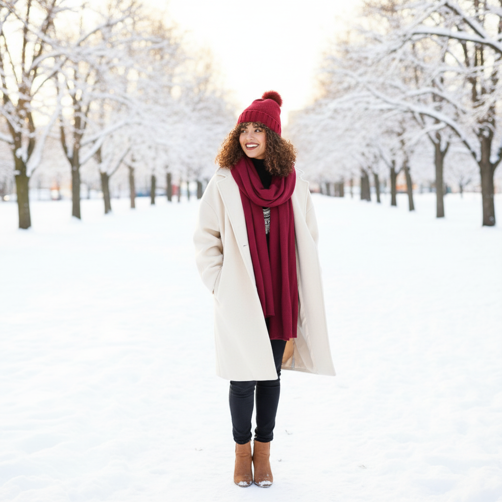 Women's burgundy pom-pom beanie styled in winter cream wool coat outfit, chunky knit, cozy cold weather look