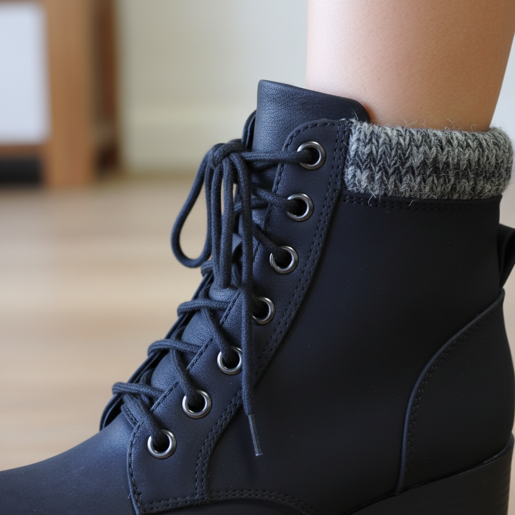 Close-up detail of knit sweater collar trim on Soda black lace-up ankle boot being worn