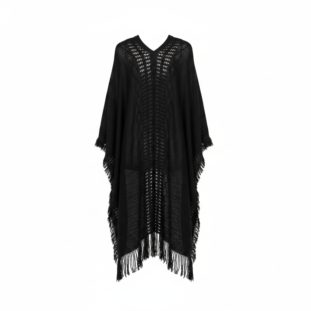 Women's black fringe ruana wrap, back view, full-length drape, ladder-stitch open-knit panel