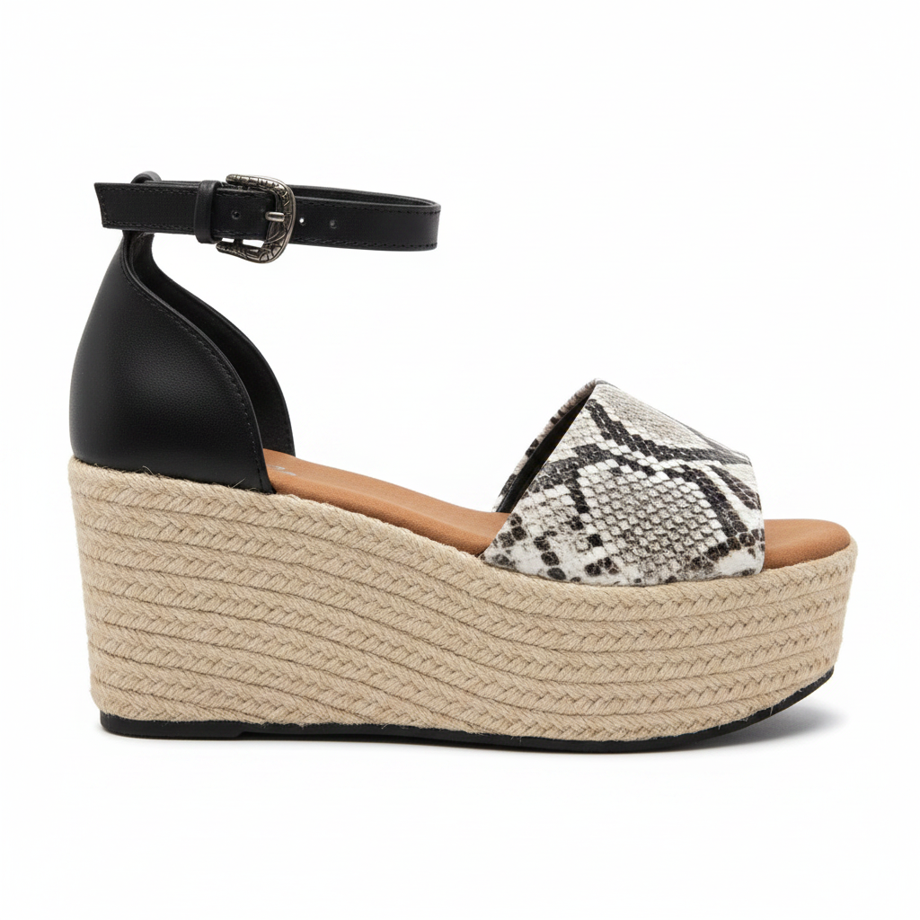 Women's snake print espadrille wedge sandal side profile on white background showing full jute platform wedge height and ankle strap