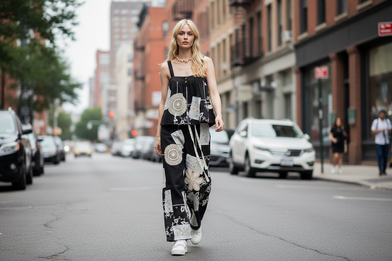 Women's black floral lace patchwork set with white leopard heel platform sneakers street style outfit landscape