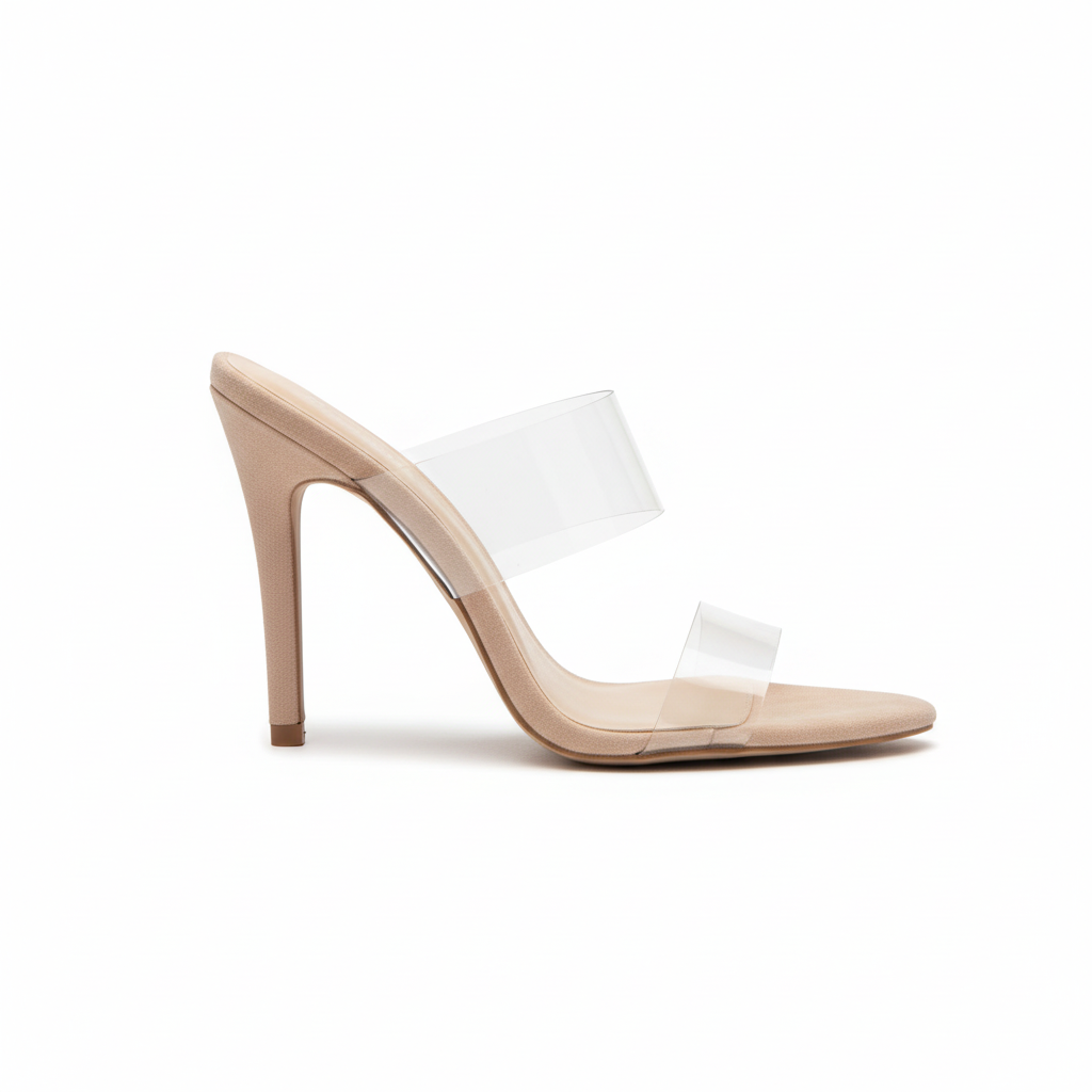 Qupid Women's Clear PVC Nude Pointed Toe Stiletto Mule Heels side profile showing arch curve and slim stiletto heel