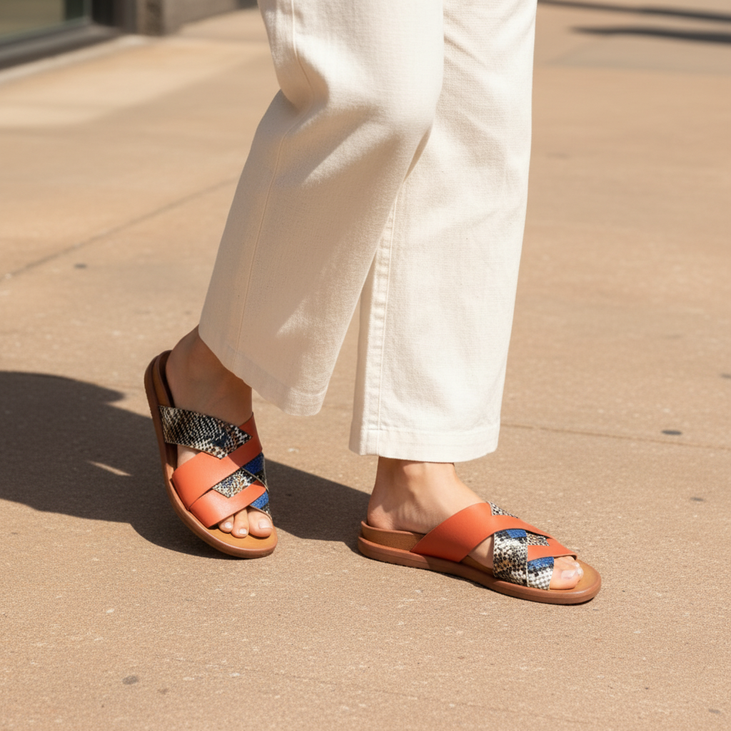 Women's cross strap python-print slide sandal in terracotta and cobalt blue worn with cream linen pants on urban sidewalk casual summer look