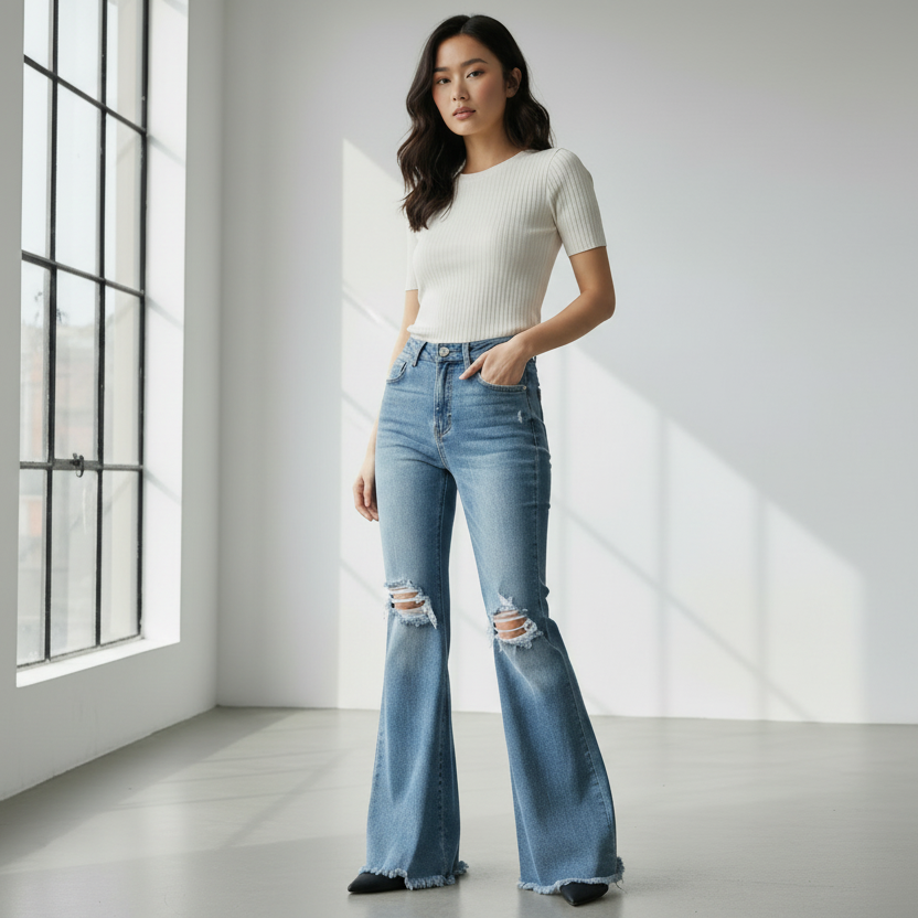 Laylani High Rise Distressed Hem Flared Jeans - Vintage Inspired Denim