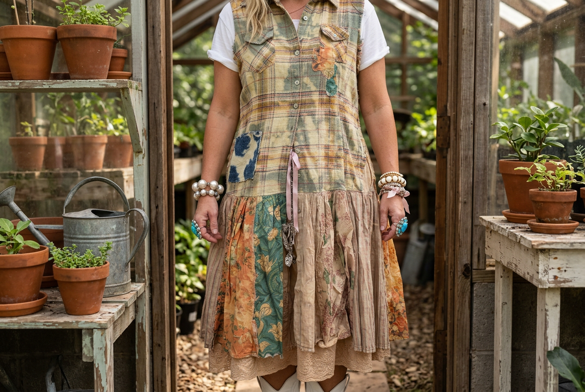 Plaid bodice and gathered floral patchwork skirt with a lace hem, worn in a greenhouse doorway.