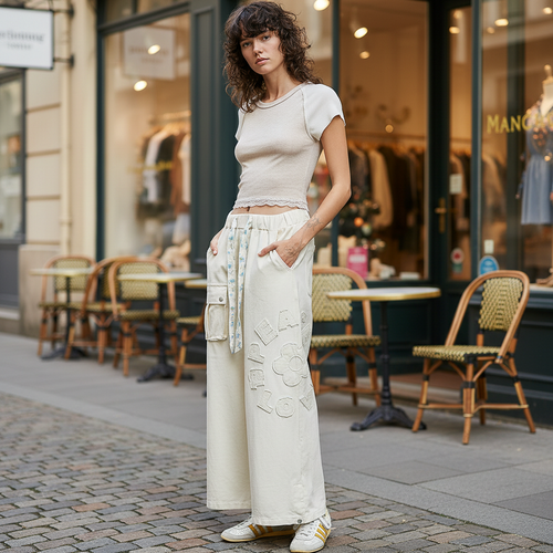 Natural colorway garment styled with model standing near boutique storefront - BellanBlue