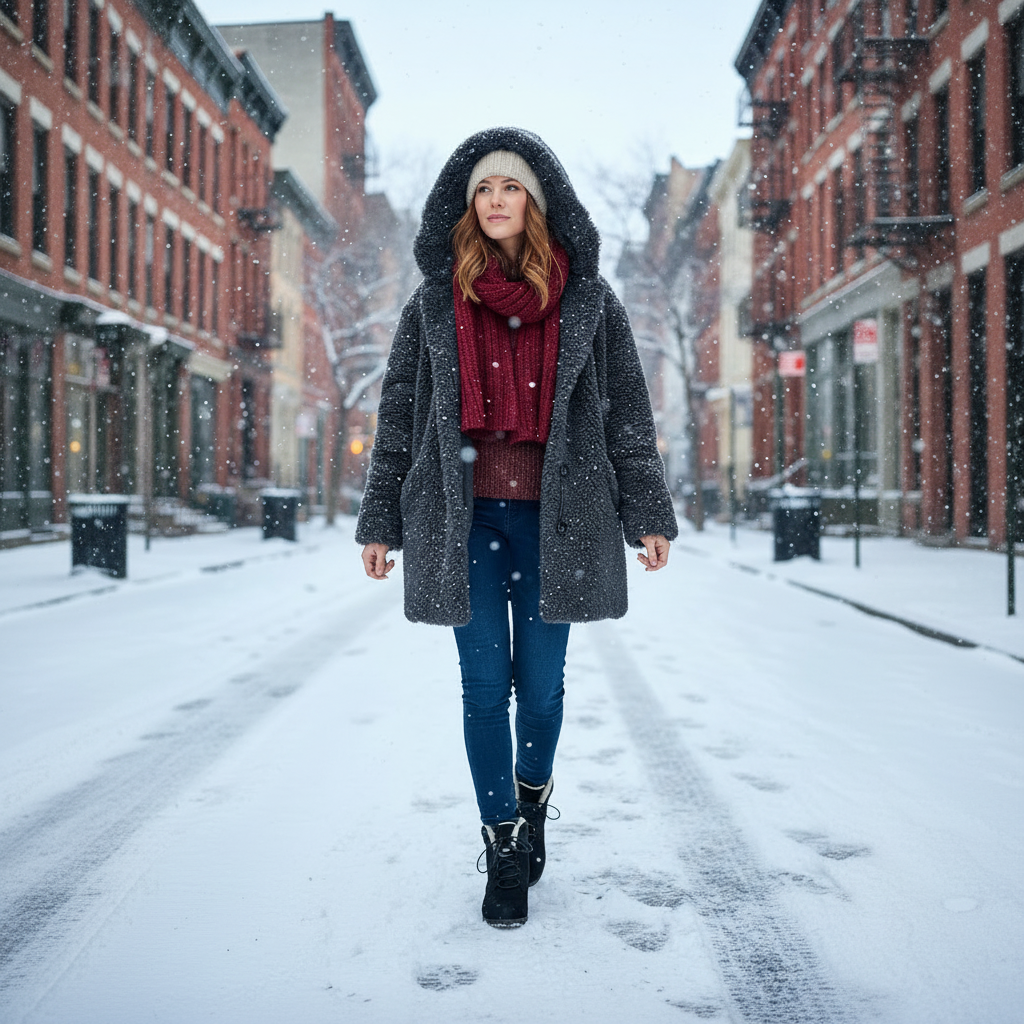 Woman wearing black suede wedge ankle boots with black laces walking on snowy city street in winter outfit