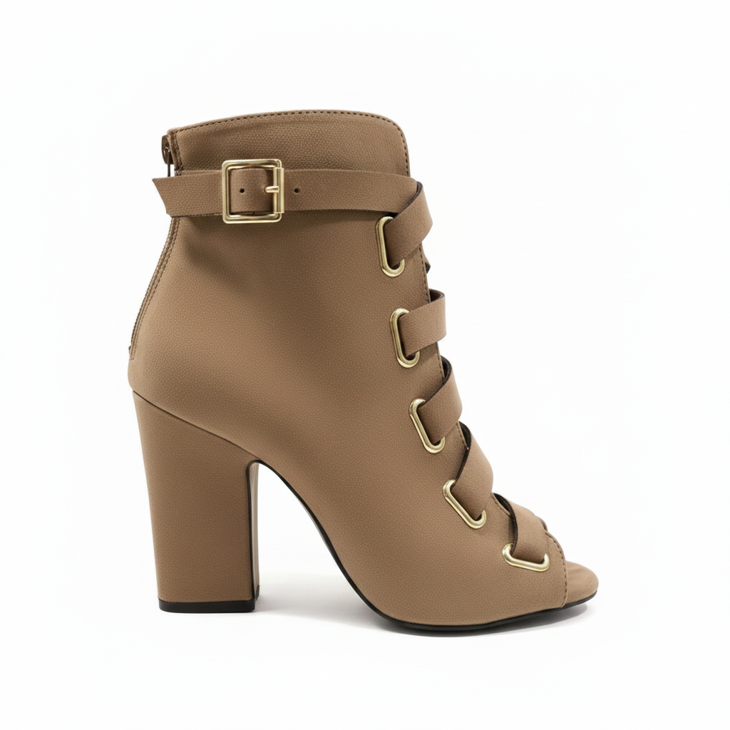Qupid LITE-04 taupe ankle bootie inner side profile showing side zipper closure, white background