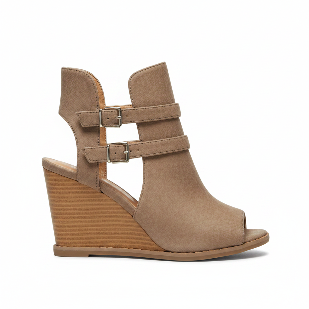 Qupid Finley taupe wedge bootie inner-side profile, open slingback and ankle cutout detail, white background