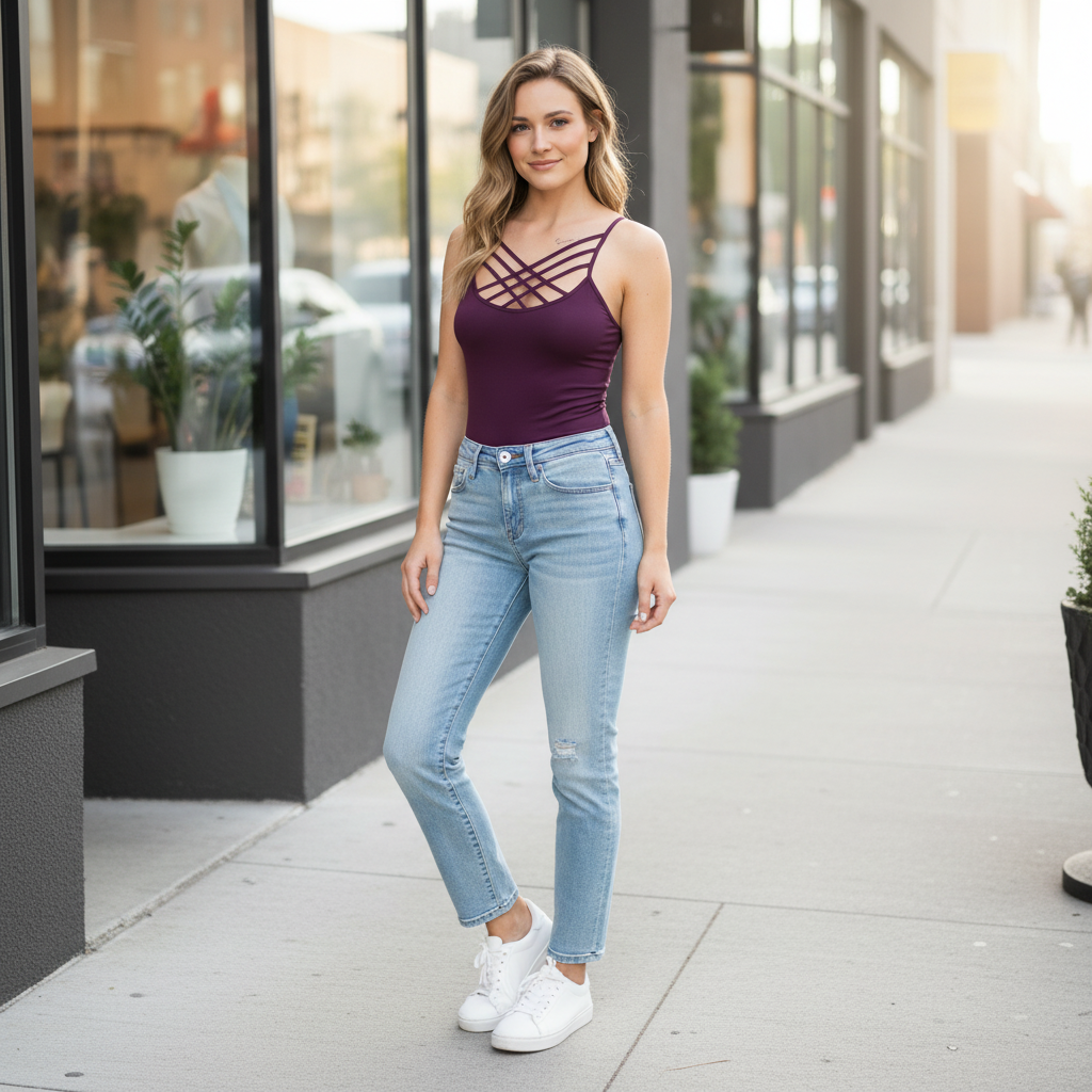 Zenana women's plum criss-cross cami tank styled with jeans on a city sidewalk - BellanBlue