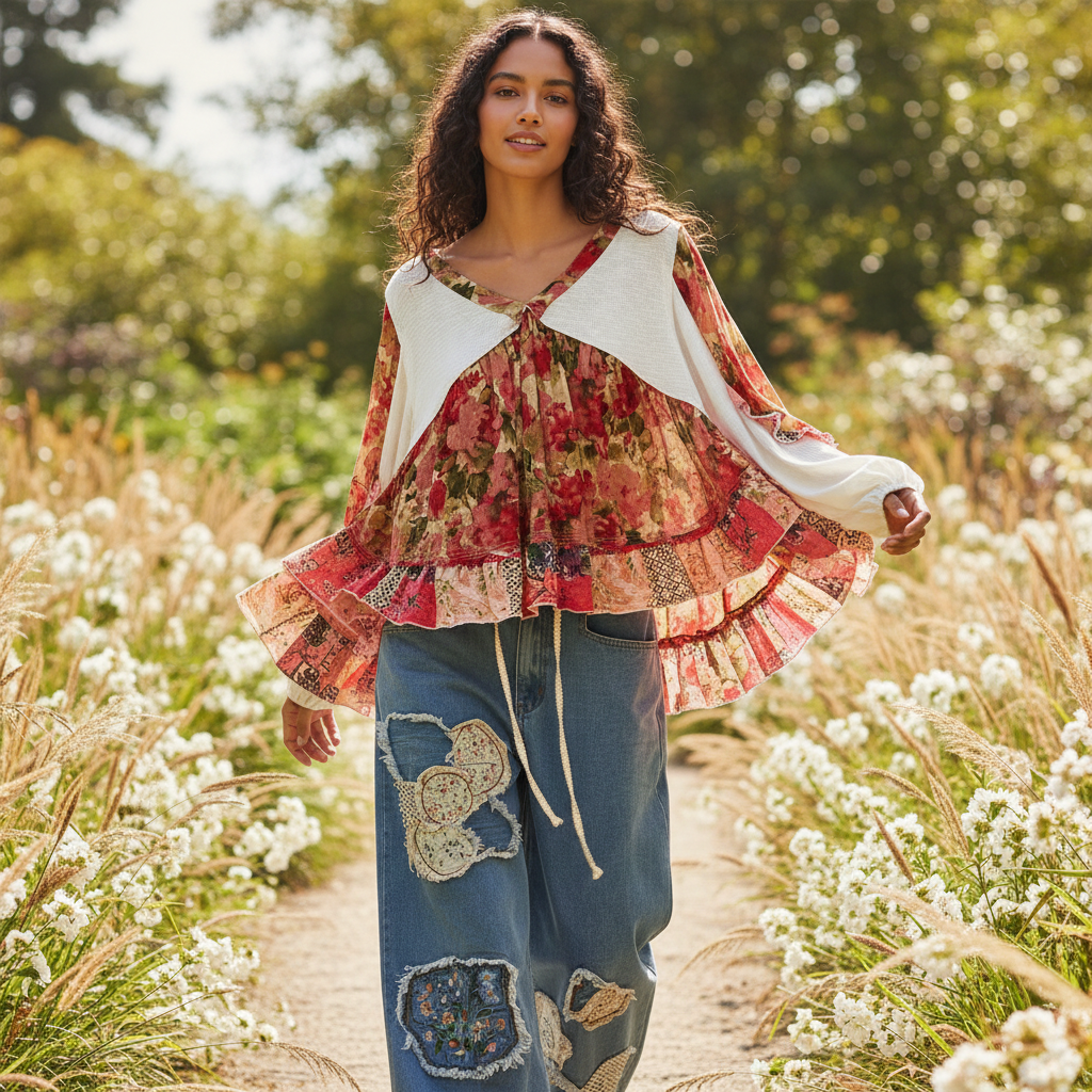Women's ivory boho patchwork top in motion, floral chiffon mixed fabric, balloon sleeves, tiered ruffle relaxed fit