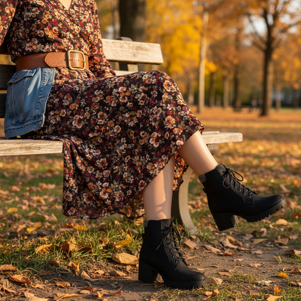 Close-up of woman's legs in black combat ankle boots with floral midi dress and denim jacket, fall outdoor setting