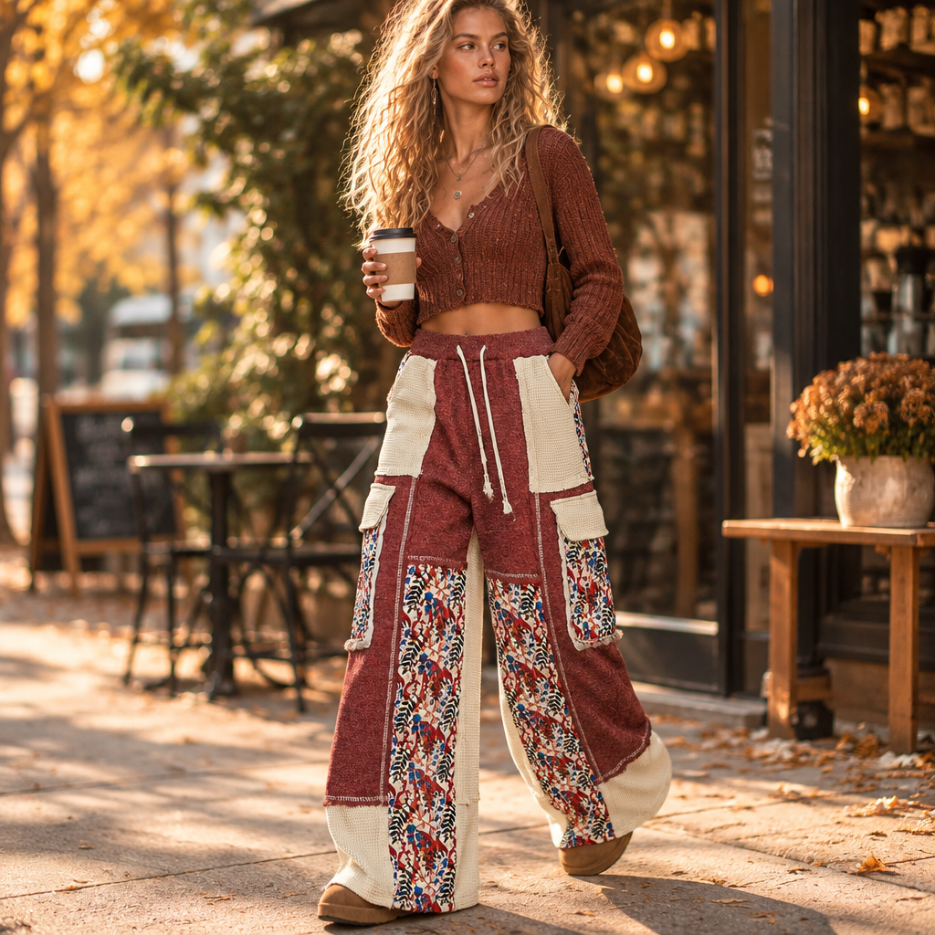 POL Clothing burgundy thermal wide-leg pants with cargo pockets, walking outside a coffee shop