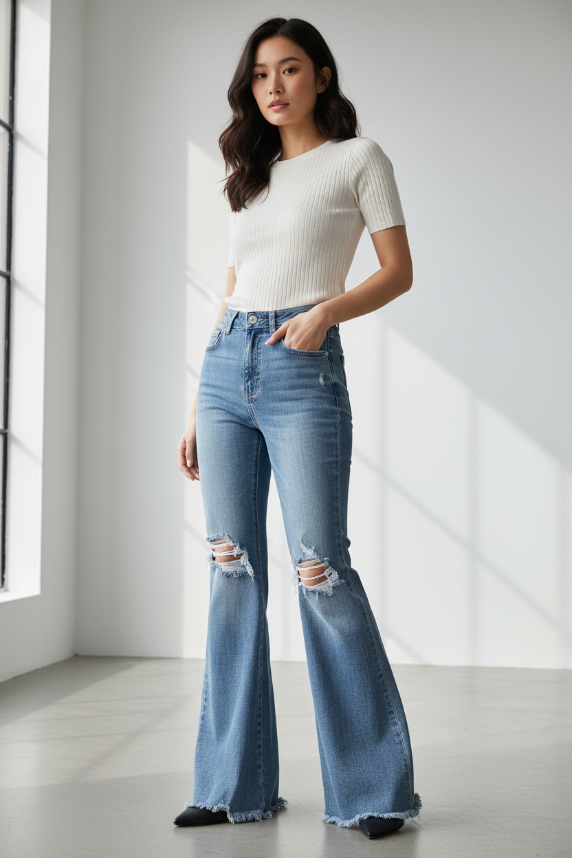 Young woman wearing Laylani high rise distressed hem flared jeans - lifestyle photo