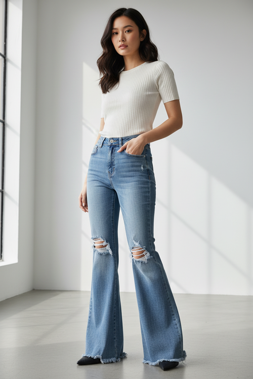Young woman wearing Laylani high rise distressed hem flared jeans - lifestyle photo