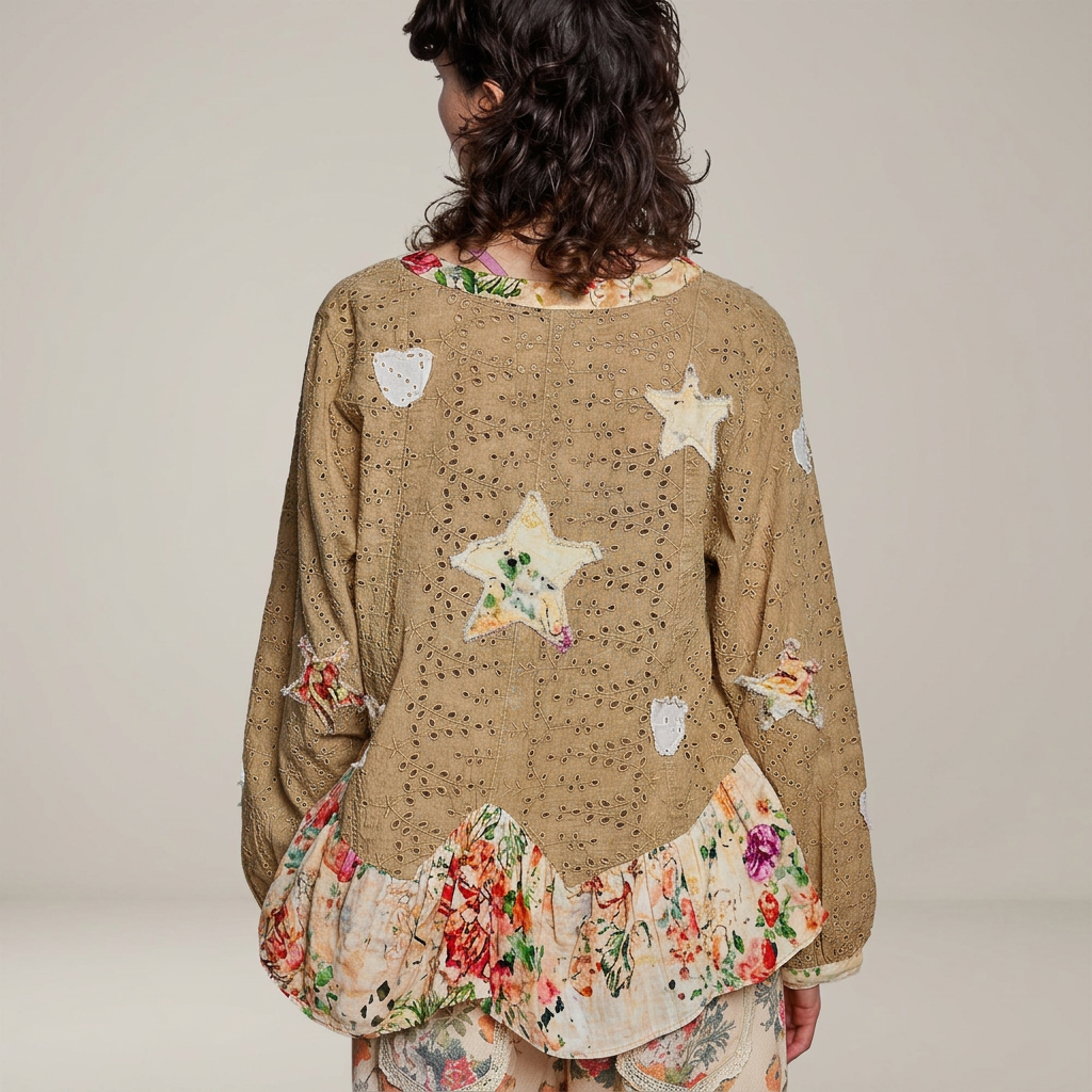 Back view of mocha eyelet cardigan showing heart and floral star appliqués above a cream floral ruffle hem.