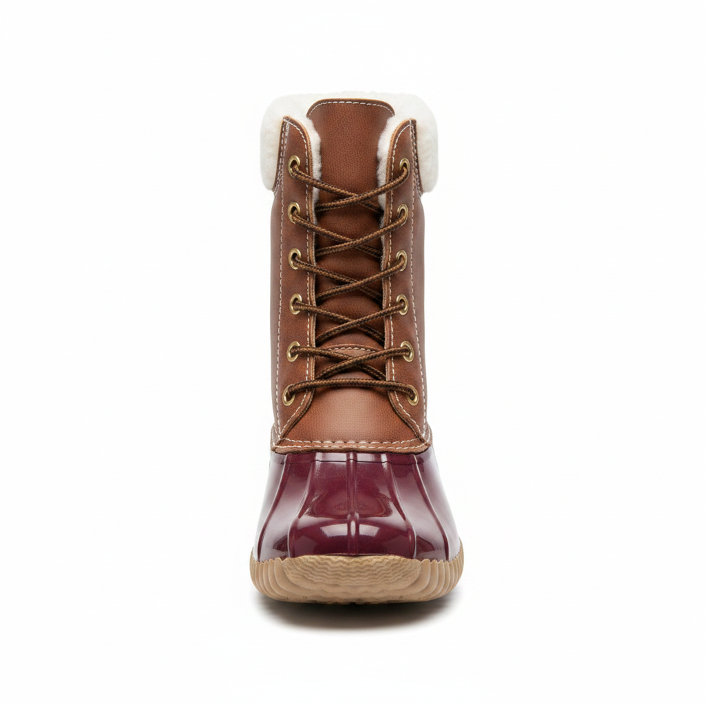 Women's bordeaux duck boot front view, brown vegan leather upper, burgundy rubber shell, white sherpa collar, gold eyelets - Yoki