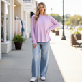Easel women's lavender pink waffle knit relaxed pullover, crew neck, long sleeve, boutique street style - BellanBlue