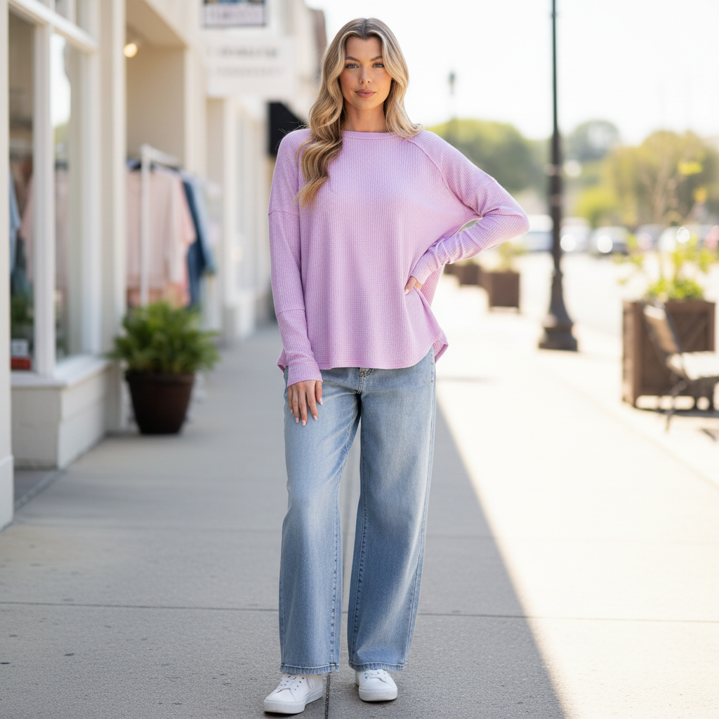 Easel women's lavender pink waffle knit relaxed pullover, crew neck, long sleeve, boutique street style - BellanBlue