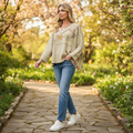 Easel women's sage floral panel thermal top, dolman sleeves in motion, outdoor boutique lifestyle styling