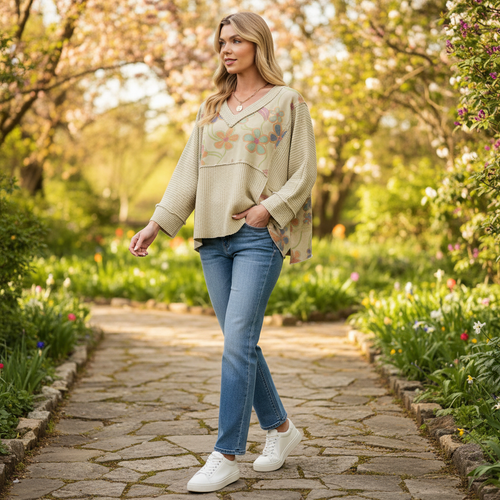 Easel women's sage floral panel thermal top, dolman sleeves in motion, outdoor boutique lifestyle styling