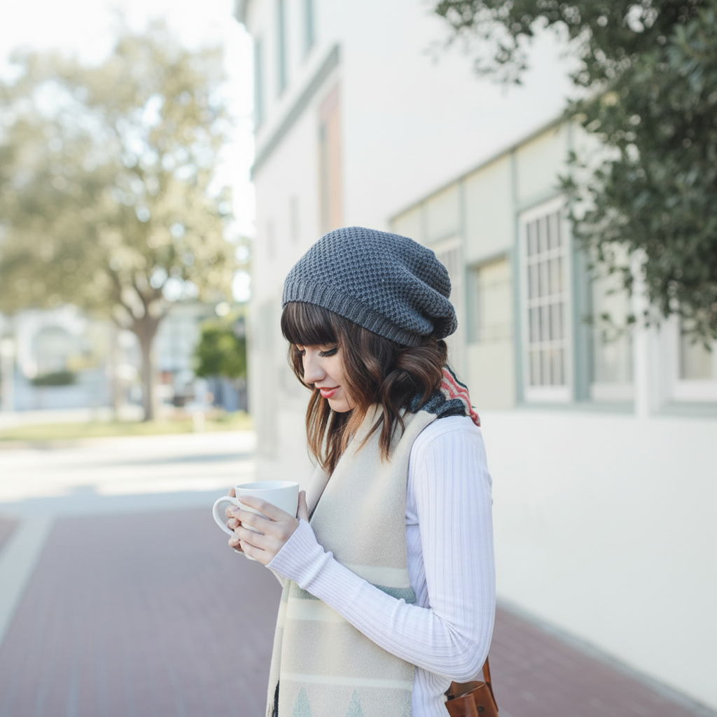 Leto Collection Gray waffle knit slouchy beanie worn on model outdoors, casual fall street style - BellanBlue
