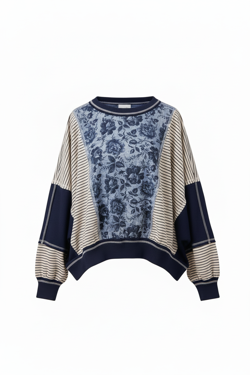 Colorblock Stripe Mix Top Blue/Denim - Front view showing floral print panel and horizontal pinstripes