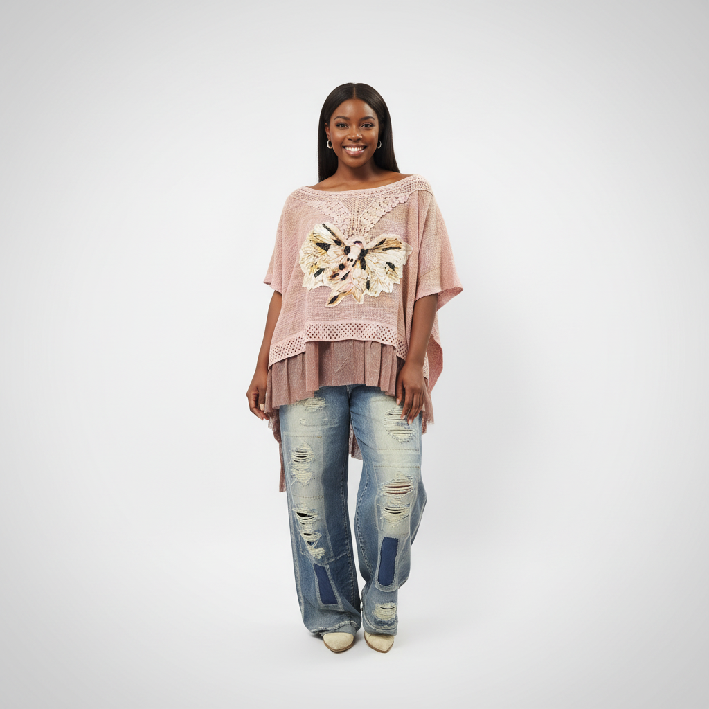 Women's blush pink open-weave knit throwover with moth applique and lace trim, boho oversized fit, studio