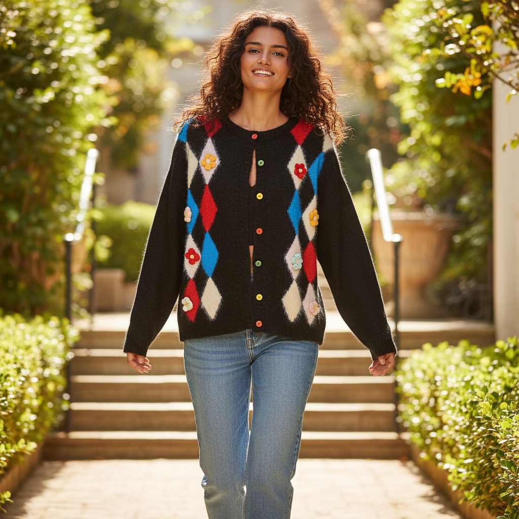 Women's black floral appliqué cardigan in motion outdoors, colorful argyle knit, oversized boho style