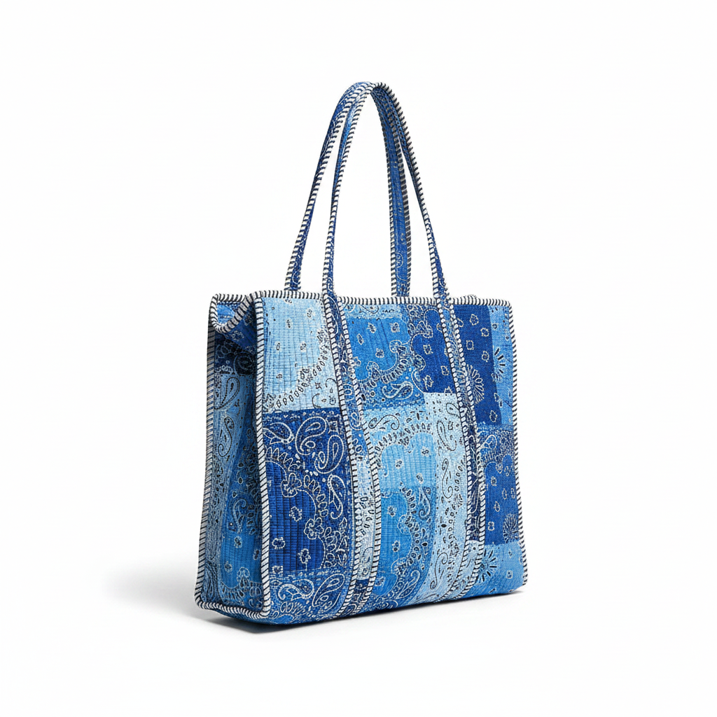 Women's quilted paisley print tote bag studio hero 3/4 angle, structured silhouette, white background