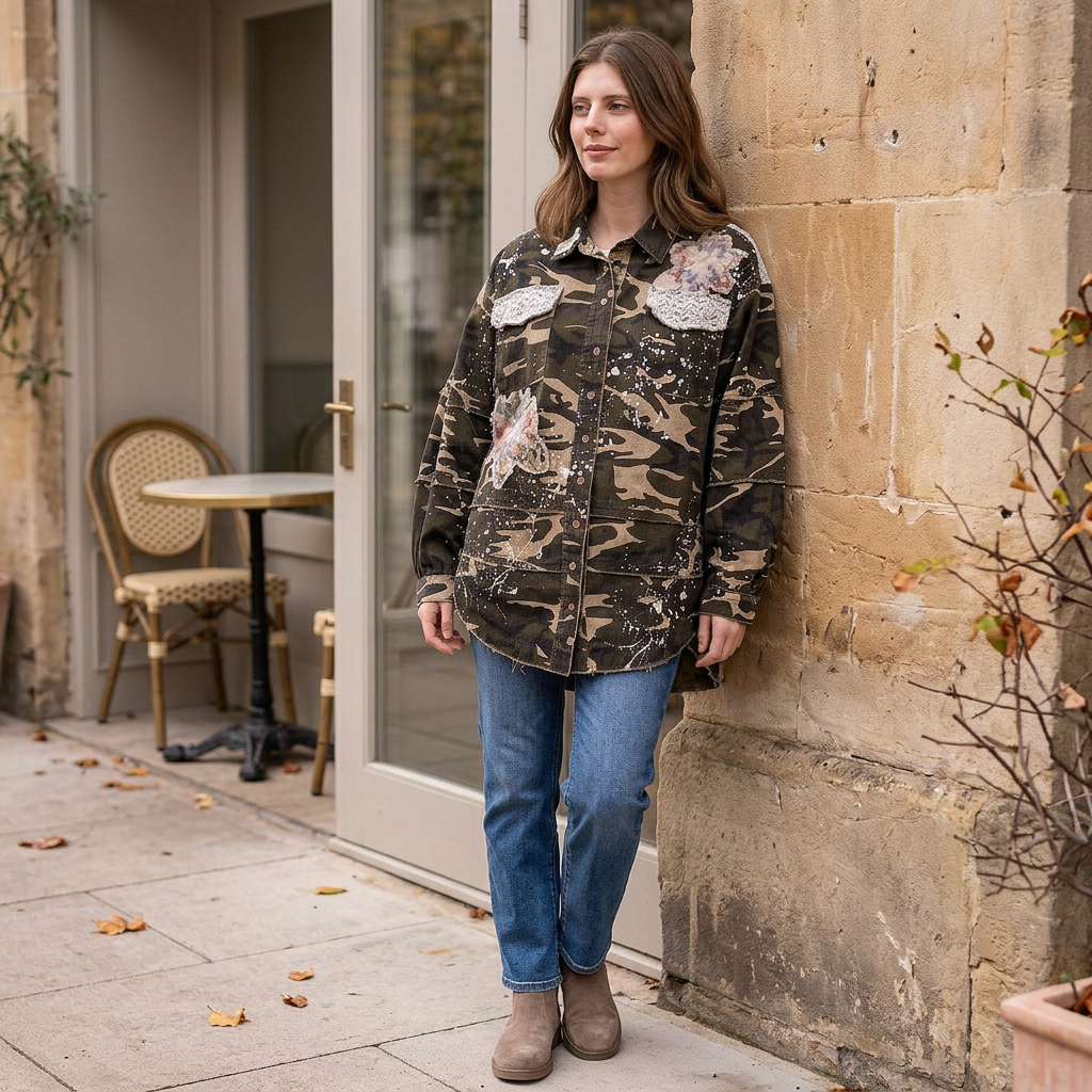 Blue Velvet women's camo floral jacket with jeans and ankle boots outside a cafe