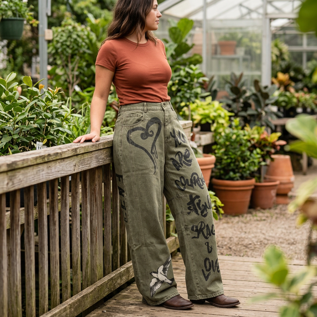 Woman leaning on a nursery railing in olive statement jeans and a rust tee, showing the roomy legs and bird graphic.