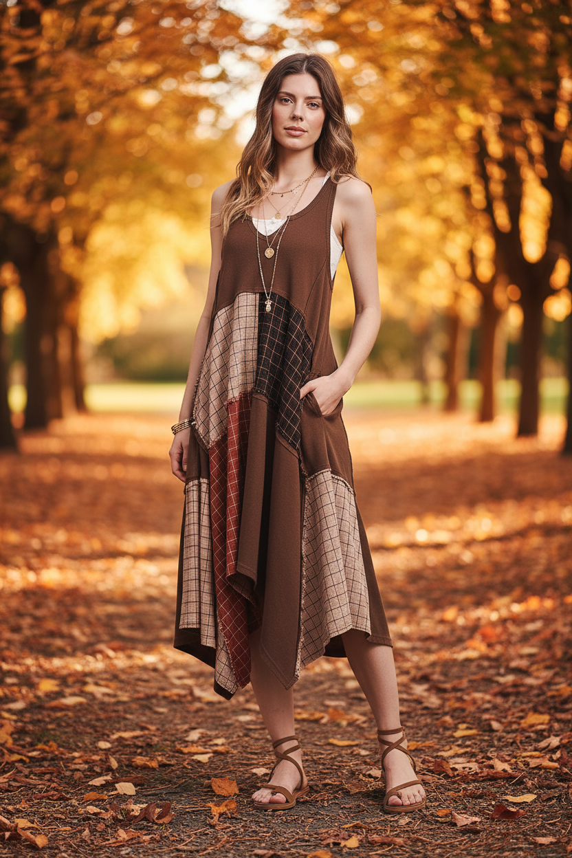 Women's mocha patchwork plaid asymmetric dress styled with strappy sandals and layered jewelry in autumn outdoor setting