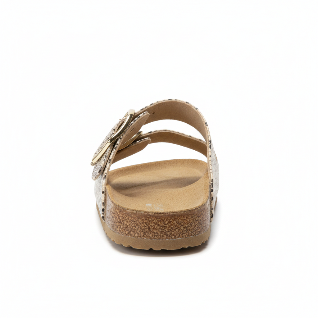 Snake print slide sandal back view showing heel area and cork footbed texture detail