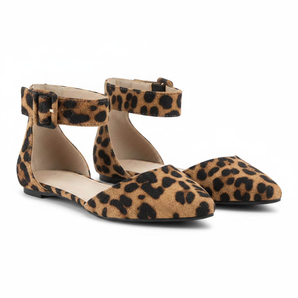 Faryl Robin BLUSH-100 leopard pointed-toe ankle-strap flats pair, front three-quarter studio view on white background - BellanBlue