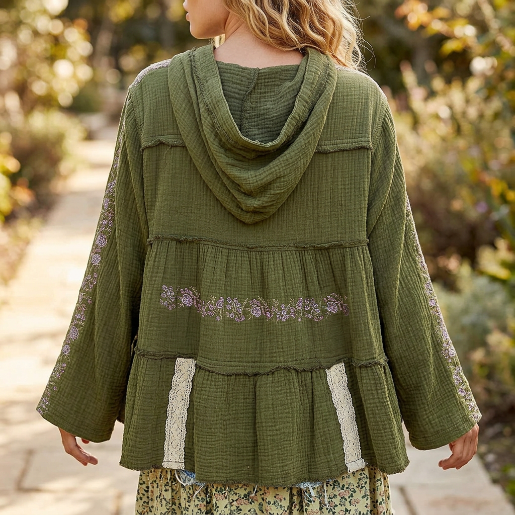 POL Clothing women's Forest Green hoodie back detail with floral embroidery and vertical cream lace trim