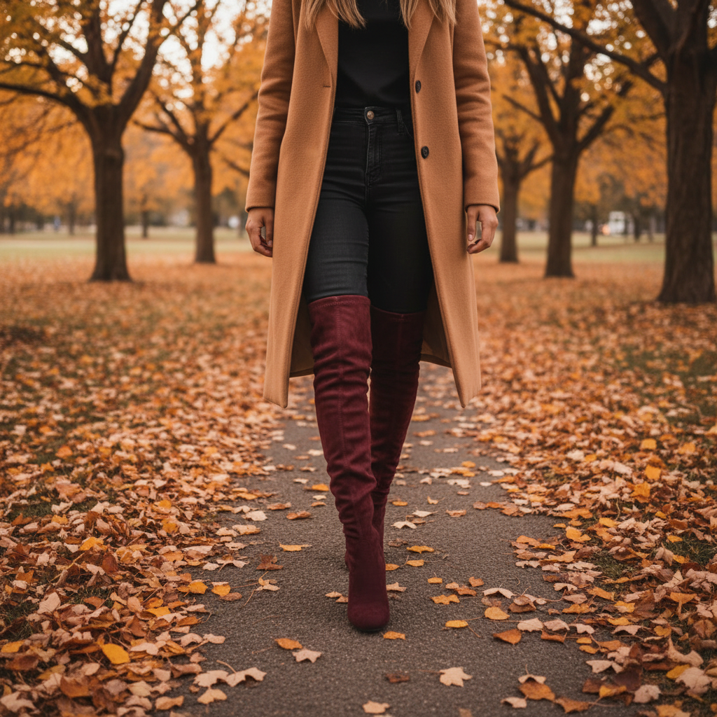 Women's wine burgundy OTK stretch faux suede boots with chunky block heel styled with skinny jeans and camel coat on autumn path