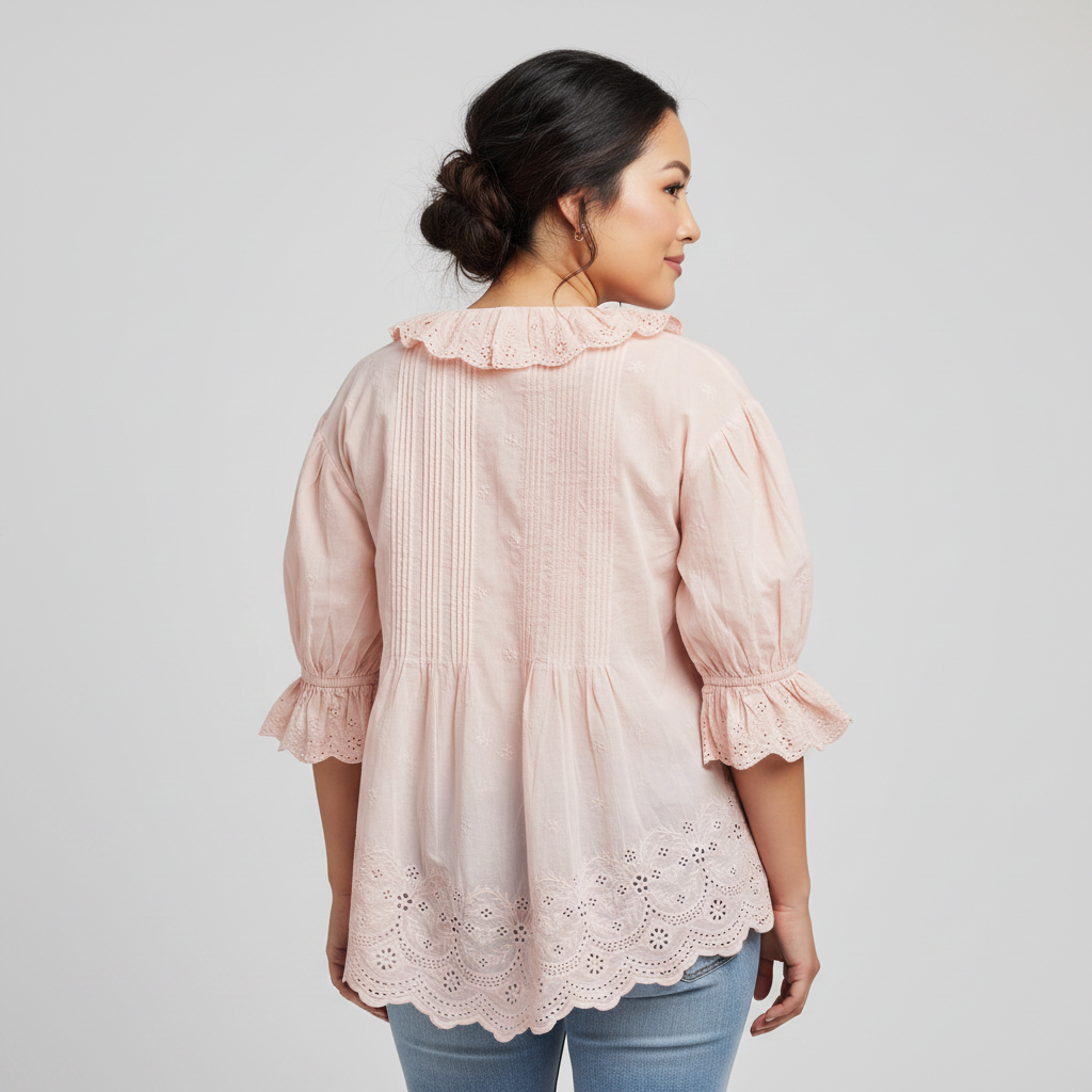 Women's blush pink cotton eyelet peplum blouse back view showing broderie anglaise cuffs and eyelet hem