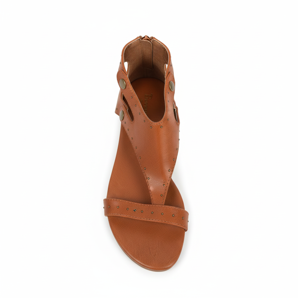 Tan leather gladiator sandals top view showing strappy design and cushioned footbed