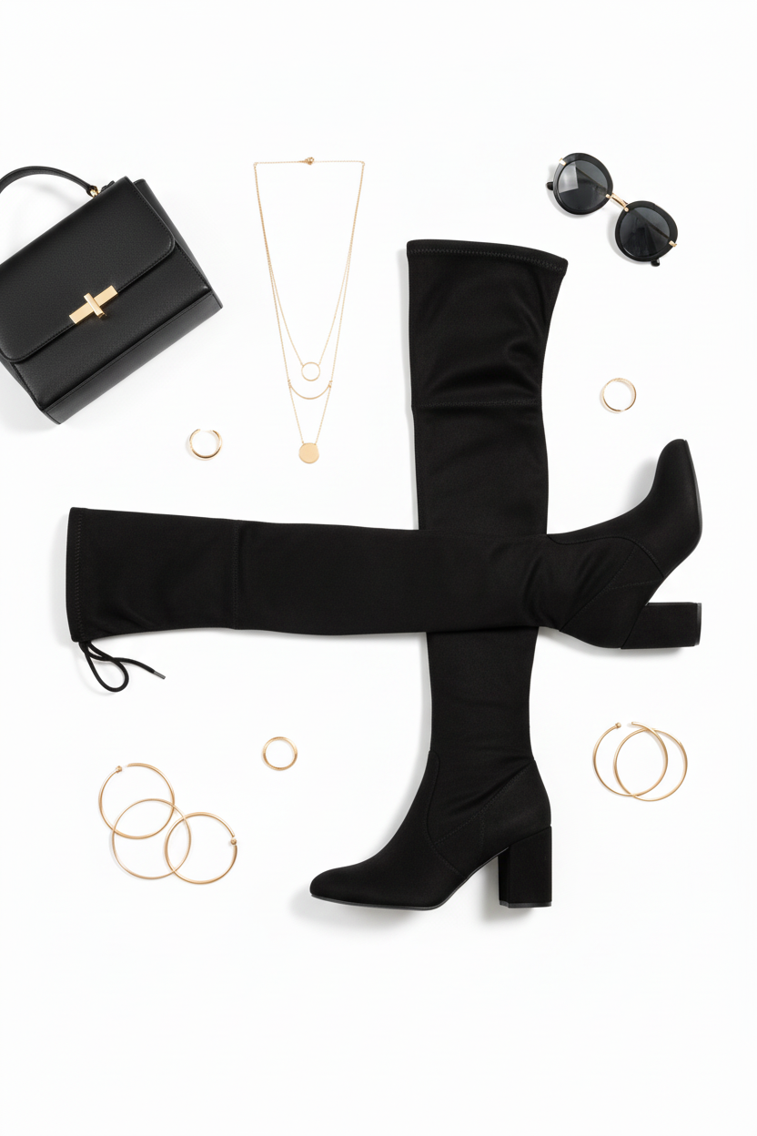 Flat lay styling photo featuring black over-the-knee thigh-high boots with chunky block heel and accessories