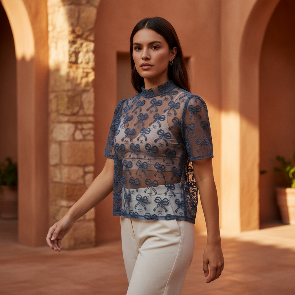 Women's dusty blue bow lace mesh top in motion, sheer fabric, high neck, relaxed boxy silhouette