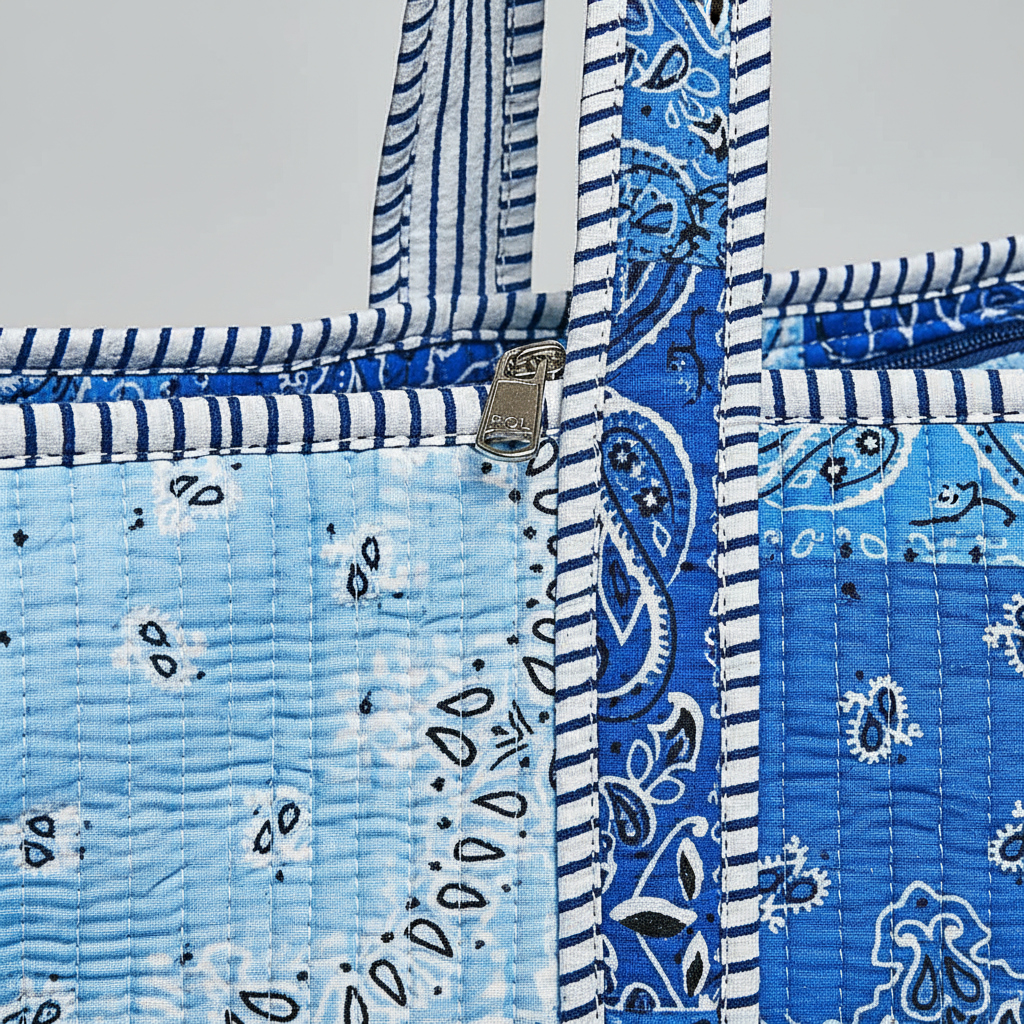 Women's quilted paisley print tote bag macro detail of stitching, paisley pattern, and zipper hardware quality