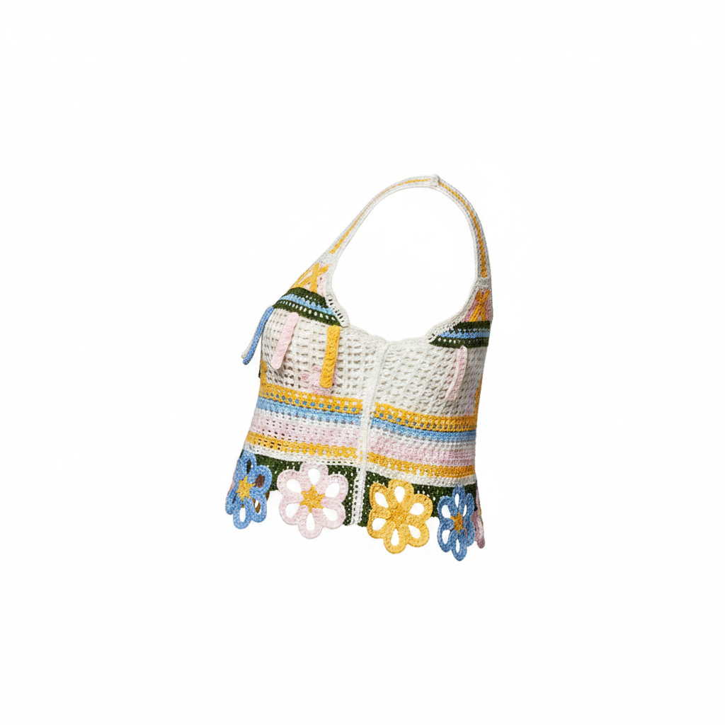 POL women's crochet sleeveless crop top side profile, yellow multi stripe pattern