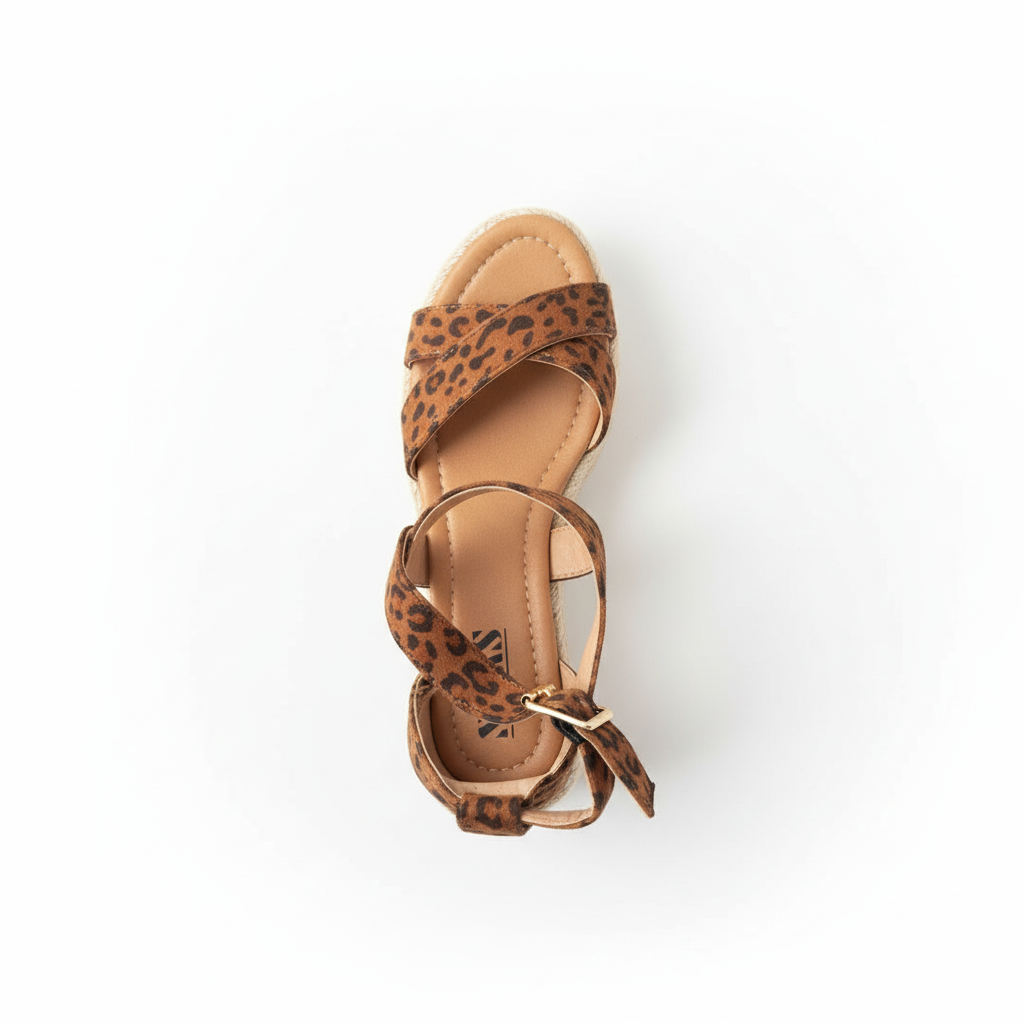 Leopard print espadrille platform sandal top view showing open-toe design and ankle strap with gold buckle